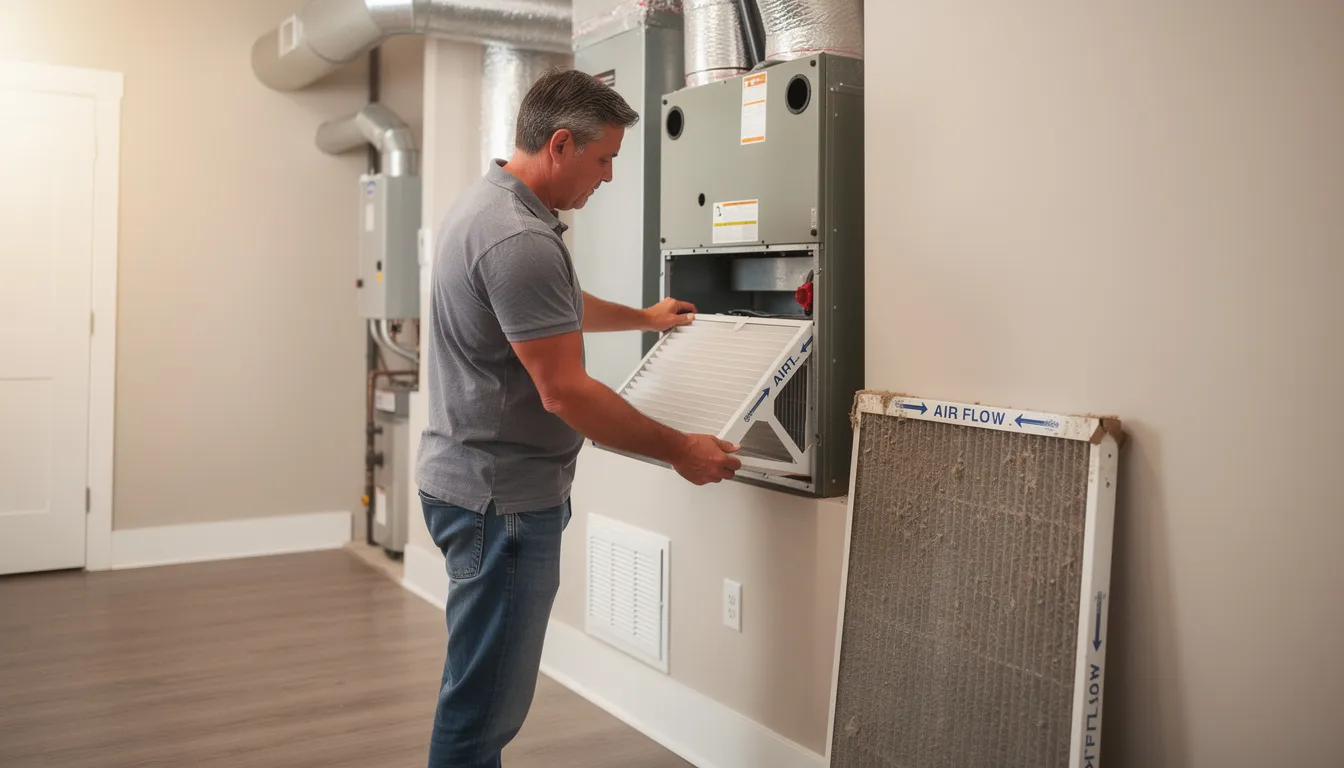 A homeowner is shown replacing the air filter in a residential HVAC system, emphasizing the importance of regular maintenance for optimal performance and energy efficiency. This simple task is part of a preventative maintenance plan that helps ensure the heating and cooling systems operate effectively and avoid costly repairs.