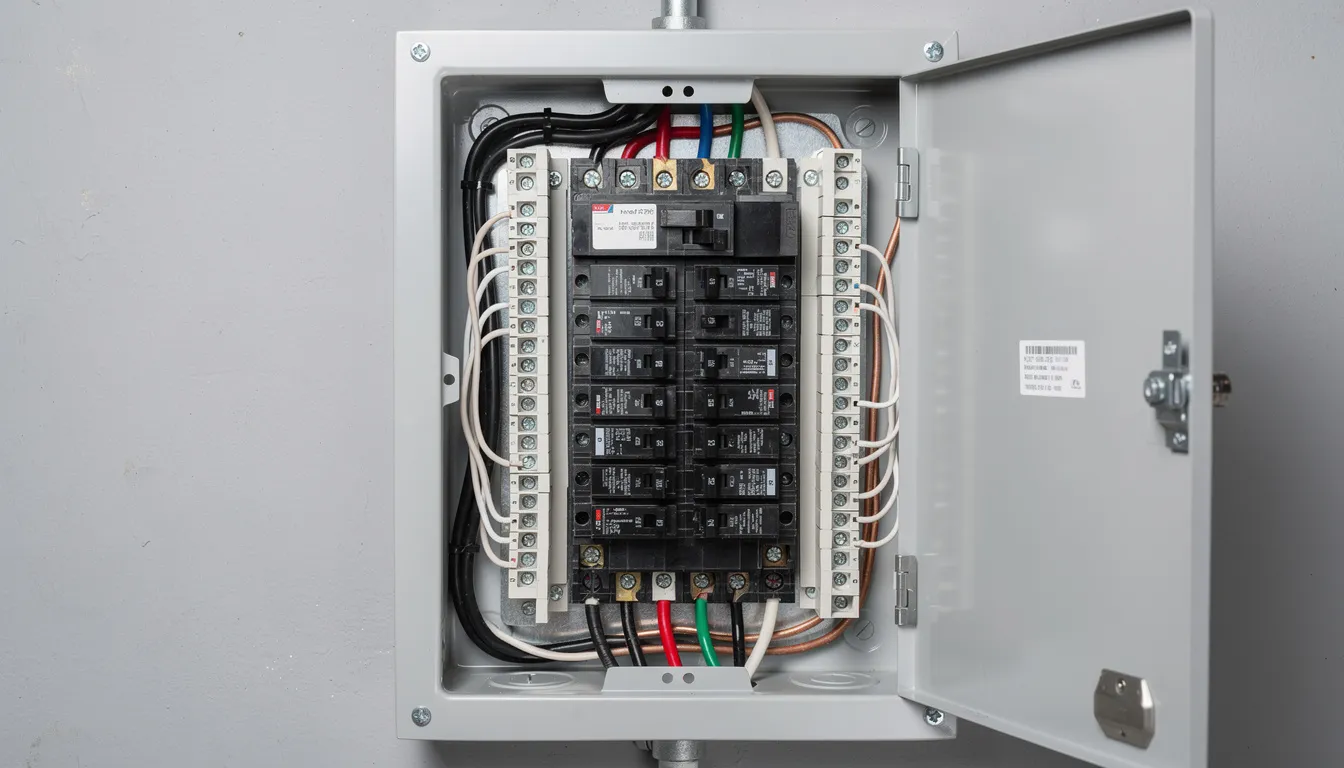 The image shows a residential electrical panel featuring multiple circuit breakers, which control the power supply to various circuits in the home. This panel is essential for managing electrical connections for systems like the furnace, ensuring proper operation and safety within the household.