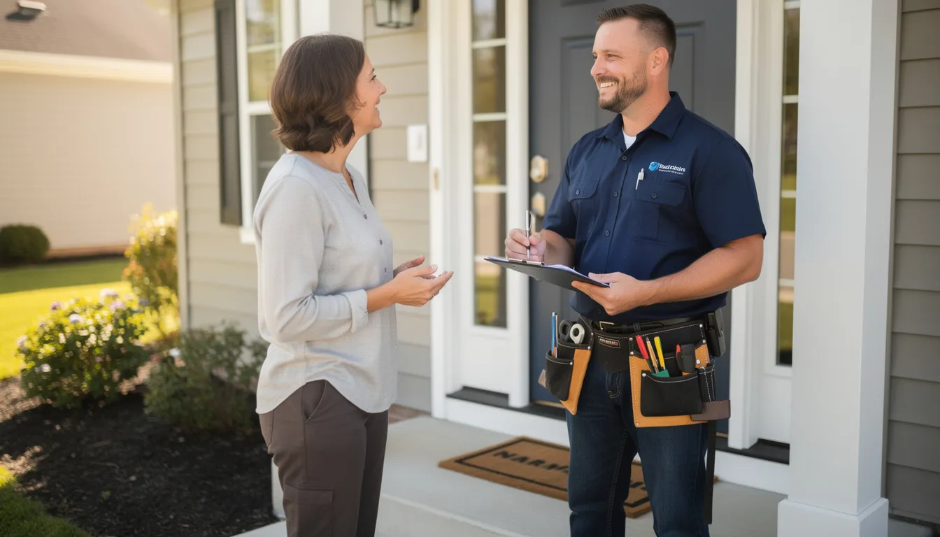 A friendly HVAC technician is standing at the front door of a home, holding a clipboard and discussing the benefits of a maintenance plan with the homeowner. The interaction highlights the importance of regular HVAC maintenance for optimal performance and energy efficiency of heating and cooling systems.