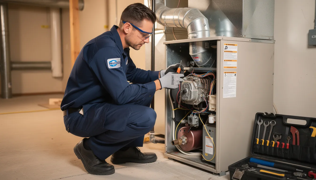 An HVAC technician is performing maintenance on a gas furnace, inspecting components such as the gas valve and flame sensor to ensure optimal performance. The technician is focused on troubleshooting potential issues, including a dirty furnace filter and checking the pilot light, to maintain indoor air quality and safe operation during the heating season.