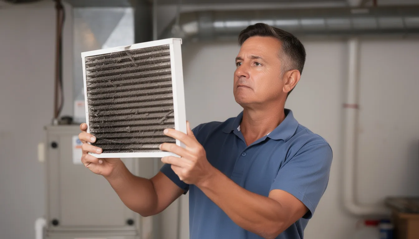 The image shows a person inspecting a very dirty furnace filter, highlighting the importance of regular maintenance for optimal performance of the heating system. A clogged air filter can lead to issues like reduced airflow and poor indoor air quality, making it vital to check and replace it when necessary.
